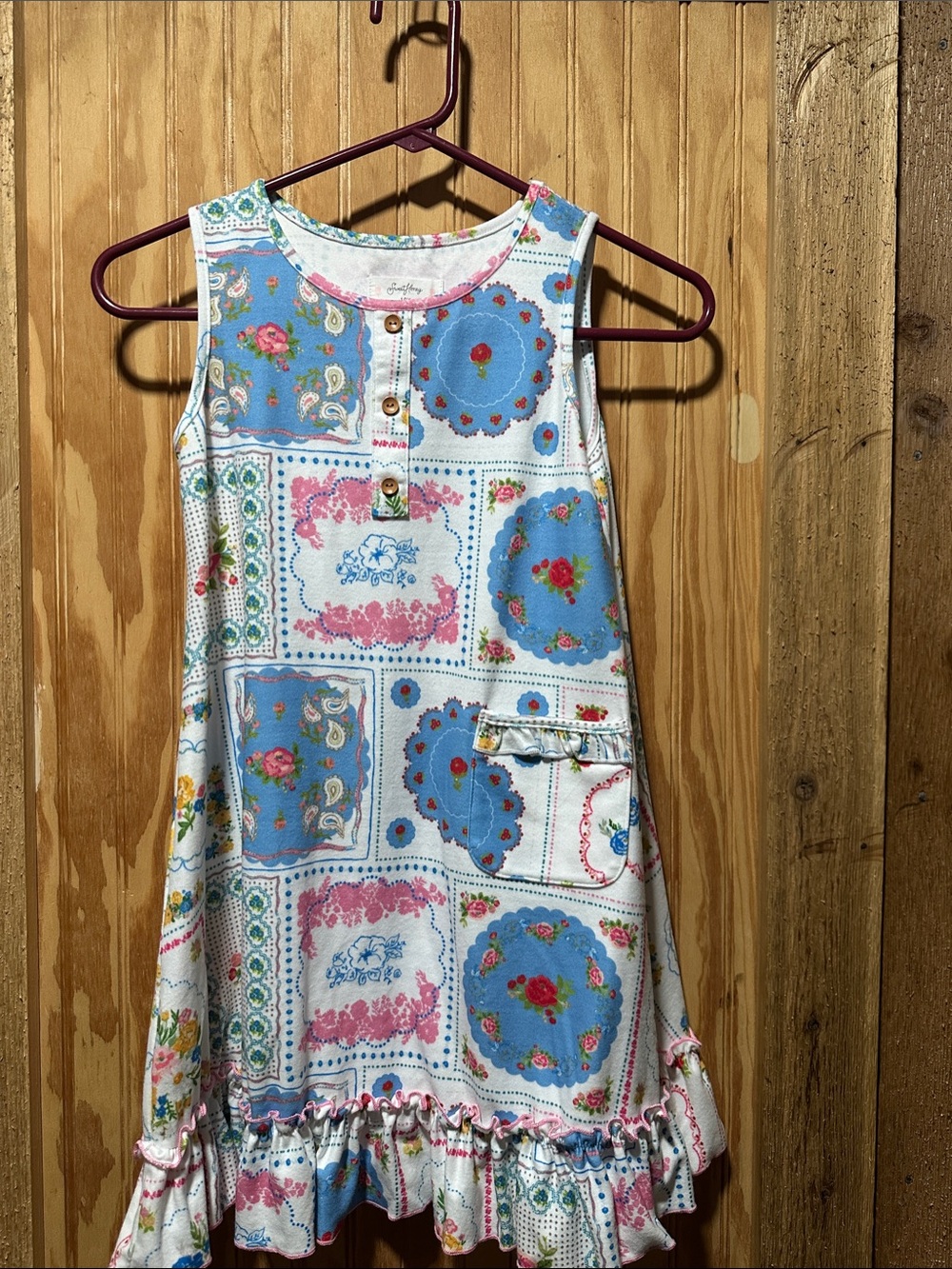 SweetHoney Blue and Pink Patchwork Floral Ruffle Dress with ruffle bloomers